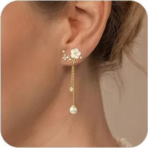 Pearl Drop Earrings for Women Long Threader Chain Dainty Flower Wedding Bridal Earrings Gold Floral Trendy Statement Prom Jewelry Bridesmaid Gift for Her