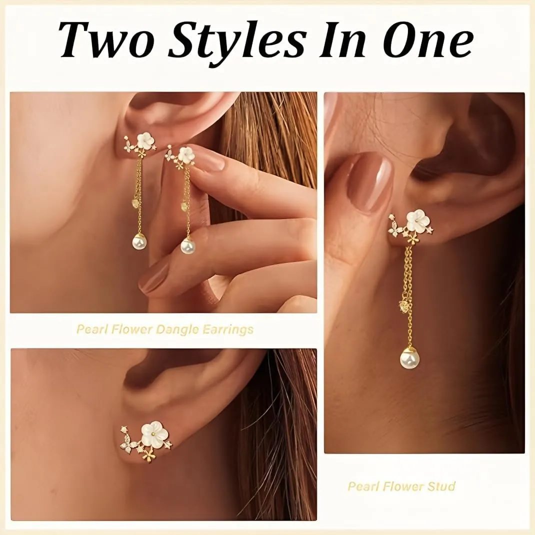 Pearl Drop Earrings for Women Long Threader Chain Dainty Flower Wedding Bridal Earrings Gold Floral Trendy Statement Prom Jewelry Bridesmaid Gift for Her
