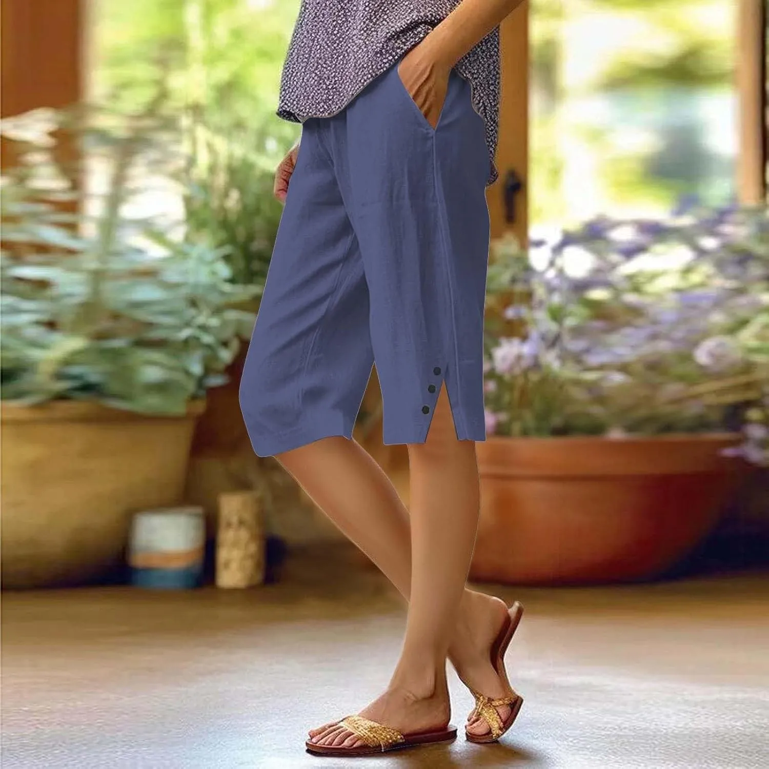 Pedal Pushers for Women Casual High Waisted Wide Leg Linen Bermuda Shorts Loose Fit Beach Capri Pants with Pockets