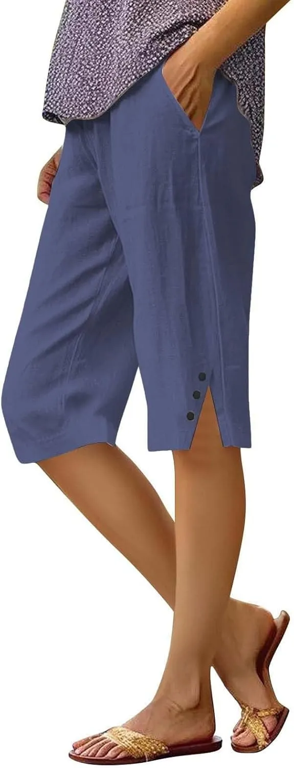 Pedal Pushers for Women Casual High Waisted Wide Leg Linen Bermuda Shorts Loose Fit Beach Capri Pants with Pockets