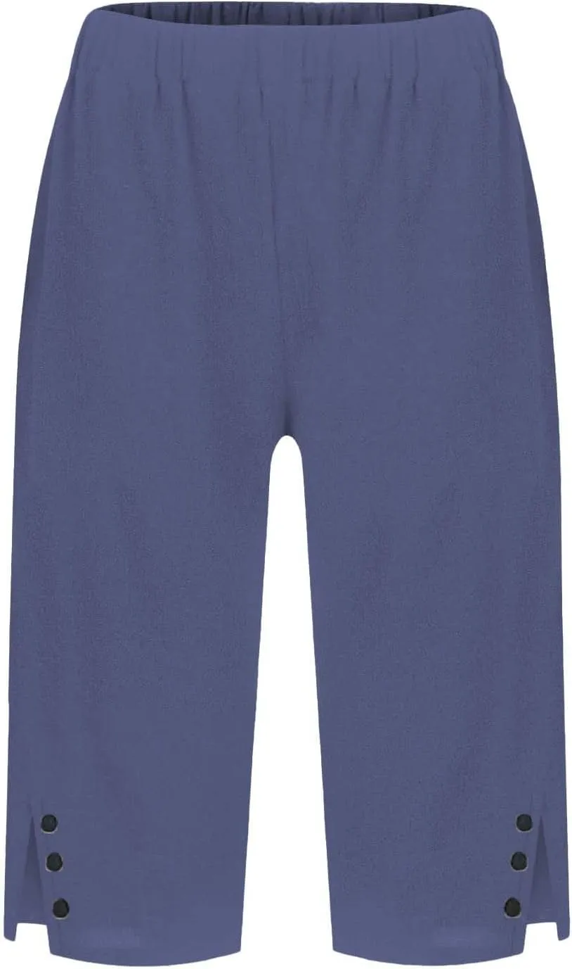 Pedal Pushers for Women Casual High Waisted Wide Leg Linen Bermuda Shorts Loose Fit Beach Capri Pants with Pockets