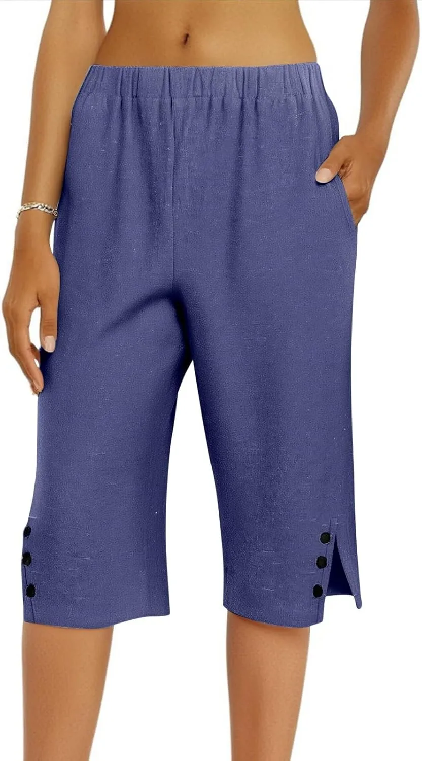 Pedal Pushers for Women Casual High Waisted Wide Leg Linen Bermuda Shorts Loose Fit Beach Capri Pants with Pockets