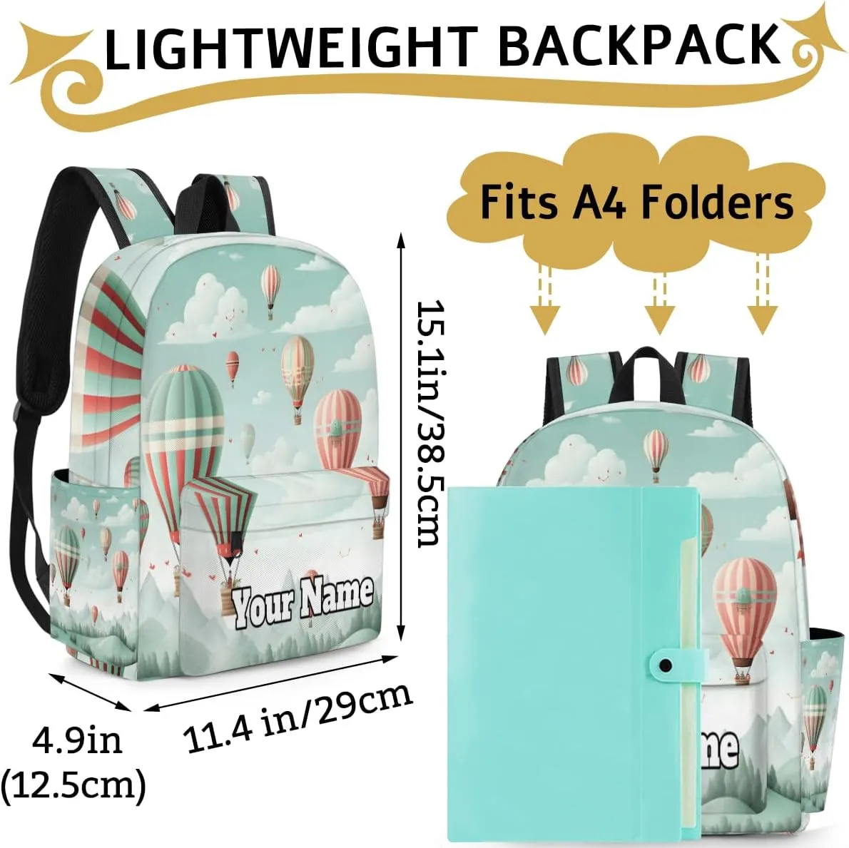 Personalized Hot Air Balloon Preschool Toddler Backpack for Boys Girls Custom Kids Name Small Bookbags Kindergarten Elementary Backpack, Colorful Hot Air Balloon