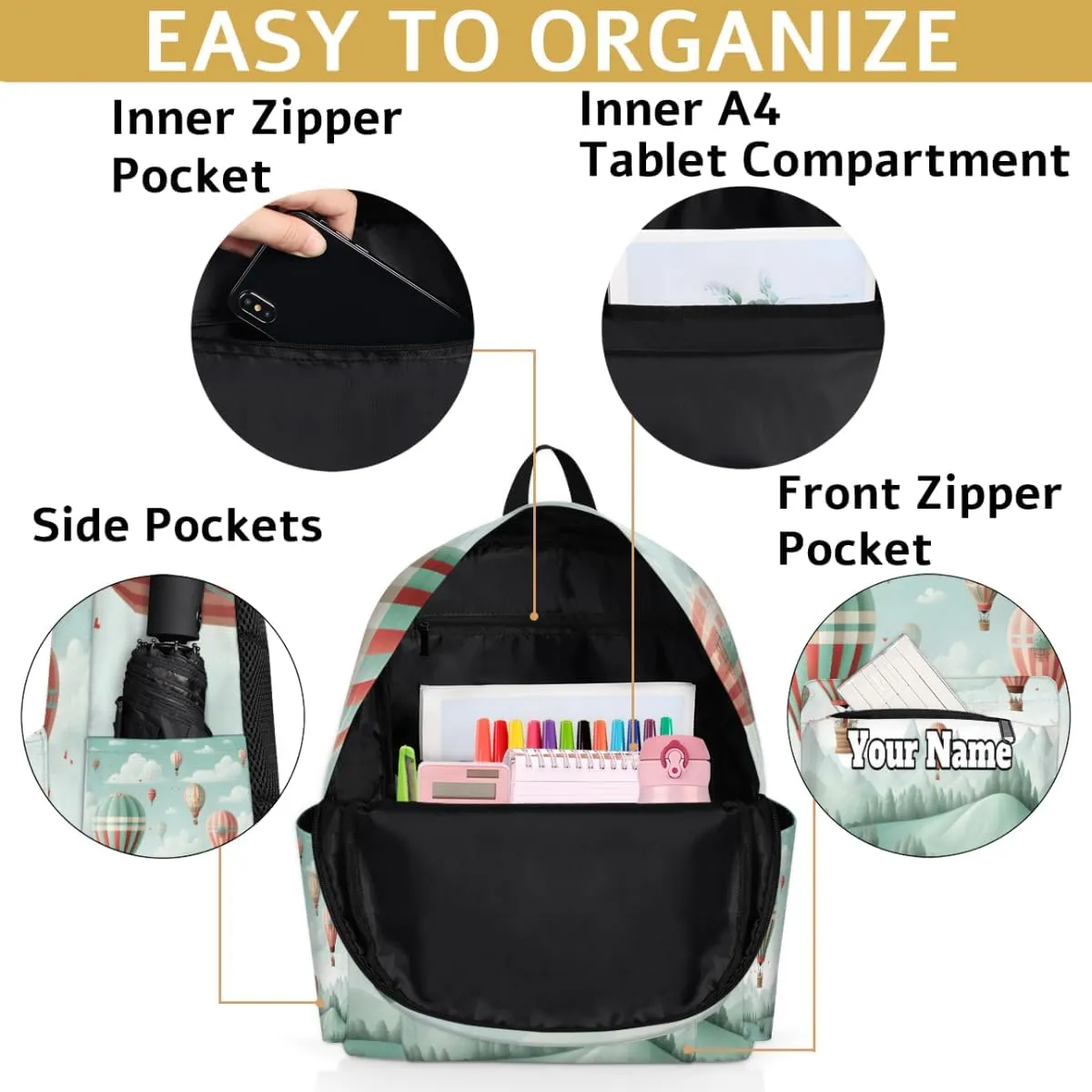 Personalized Hot Air Balloon Preschool Toddler Backpack for Boys Girls Custom Kids Name Small Bookbags Kindergarten Elementary Backpack, Colorful Hot Air Balloon