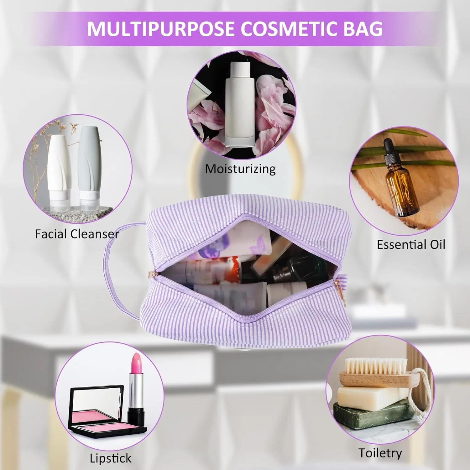 Personalized Initial Makeup Bag A-Z, Travel Toiletry Bag Preppy Make Up Bags Girls Cute Cosmetic Pouch Makeup Organizer Wedding Birthday Mothers Day Gifts for Women (Purple, M)