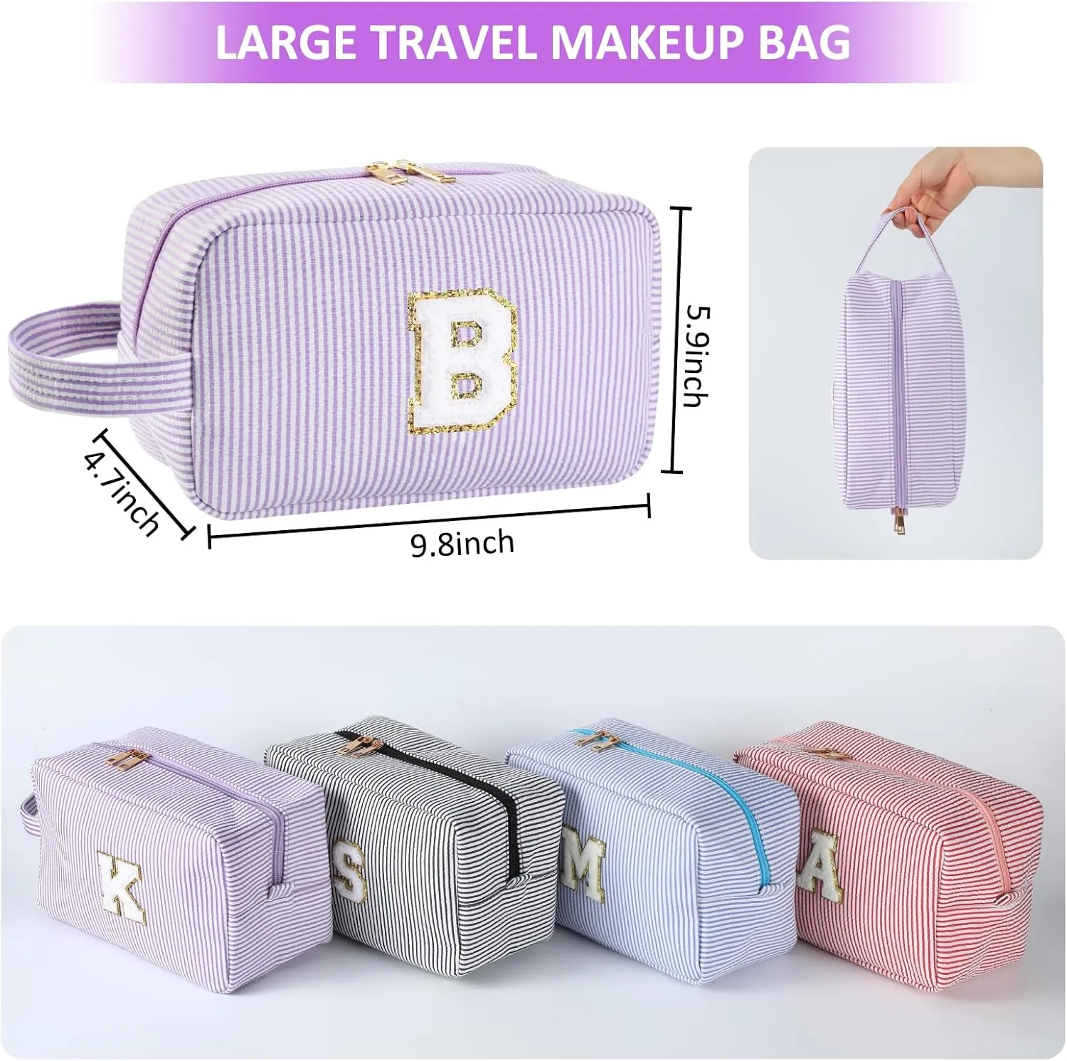 Personalized Initial Makeup Bag A-Z, Travel Toiletry Bag Preppy Make Up Bags Girls Cute Cosmetic Pouch Makeup Organizer Wedding Birthday Mothers Day Gifts for Women (Purple, M)