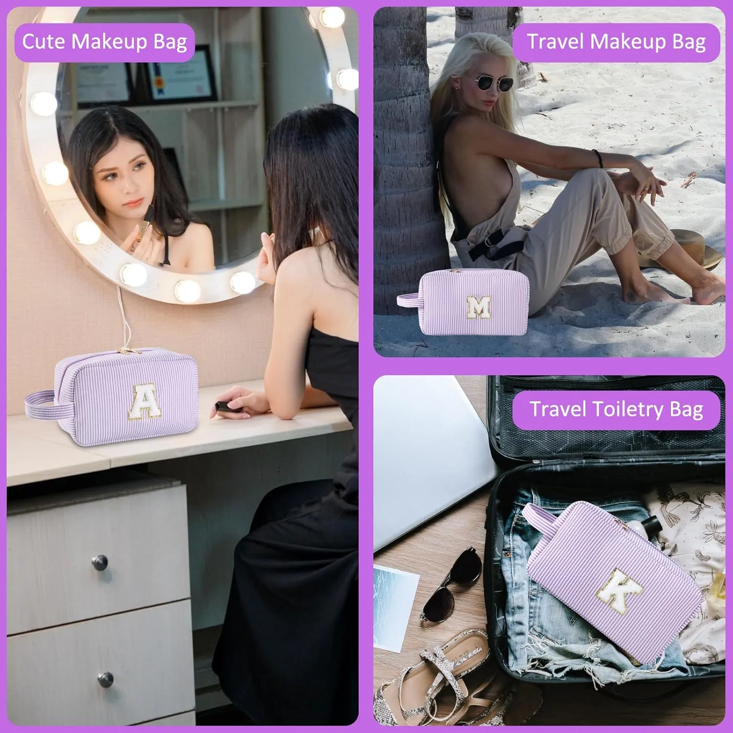 Personalized Initial Makeup Bag A-Z, Travel Toiletry Bag Preppy Make Up Bags Girls Cute Cosmetic Pouch Makeup Organizer Wedding Birthday Mothers Day Gifts for Women (Purple, M)