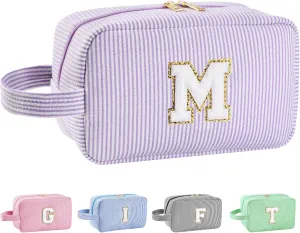 Personalized Initial Makeup Bag A-Z, Travel Toiletry Bag Preppy Make Up Bags Girls Cute Cosmetic Pouch Makeup Organizer Wedding Birthday Mothers Day Gifts for Women (Purple, M)