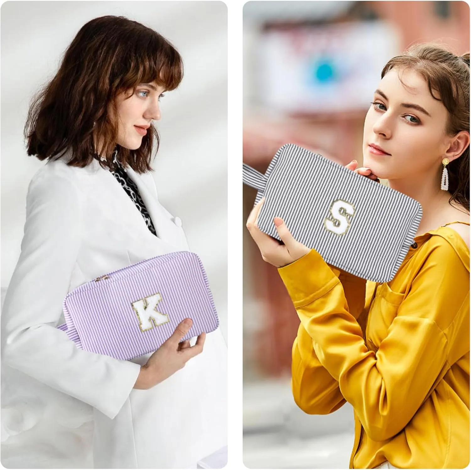 Personalized Initial Makeup Bag A-Z, Travel Toiletry Bag Preppy Make Up Bags Girls Cute Cosmetic Pouch Makeup Organizer Wedding Birthday Mothers Day Gifts for Women (Purple, M)