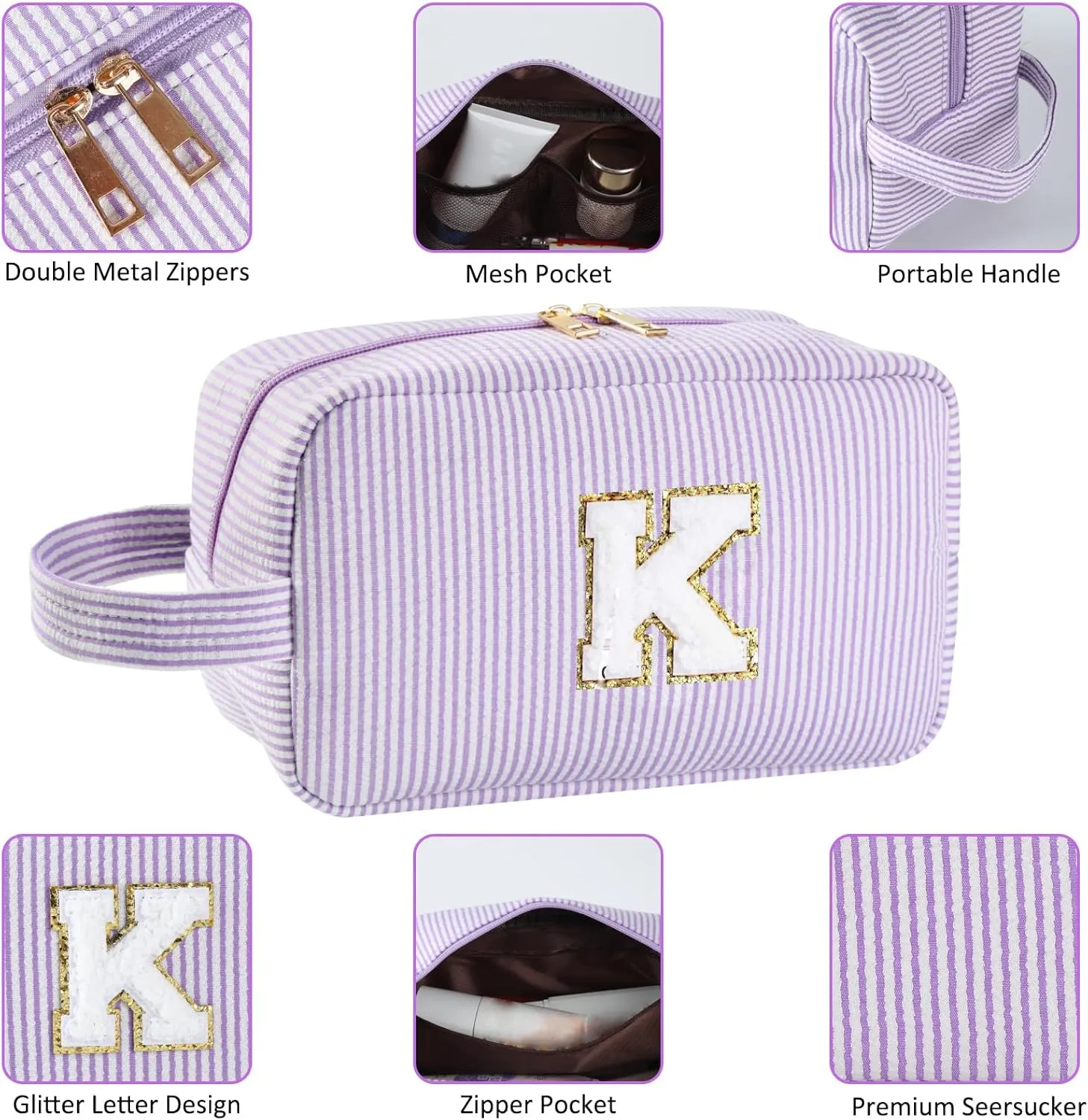 Personalized Initial Makeup Bag A-Z, Travel Toiletry Bag Preppy Make Up Bags Girls Cute Cosmetic Pouch Makeup Organizer Wedding Birthday Mothers Day Gifts for Women (Purple, M)