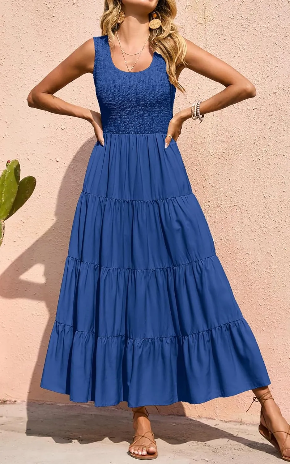 PRETTYGARDEN Women's 2025 Casual Loose Plain Maxi Sundress Smocked Tank Dress Sleeveless Summer Beach Tiered Long Dresses
