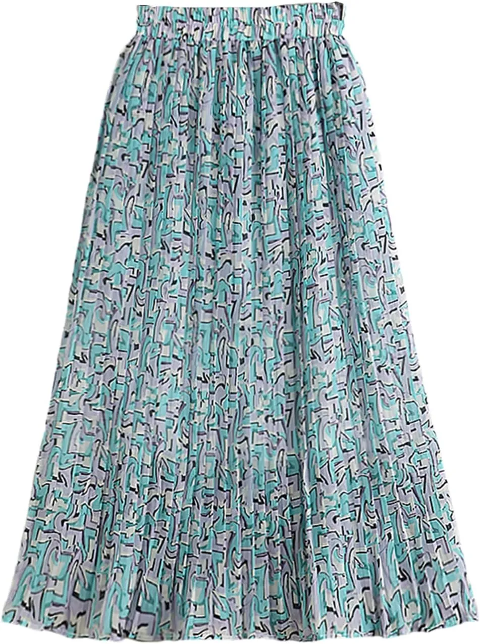 Pulcykp Chiffon Mid-Length Pleated Skirt Women Summer Print A Line High Waist Midi Skirt