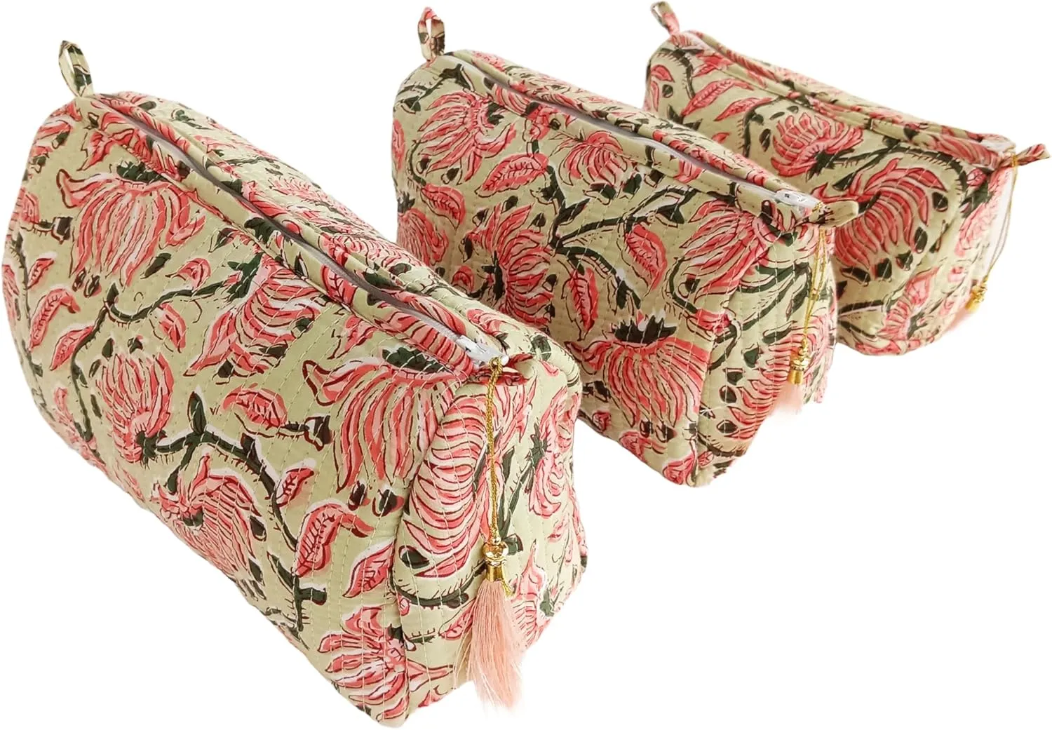 Rastogi Handicrafts Cosmetic Bags Set, 3 Piece Make Up Organizer Bag Storage Bags with Zipper Closure (3, Beige, Design-2)
