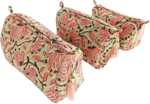 Rastogi Handicrafts Cosmetic Bags Set, 3 Piece Make Up Organizer Bag Storage Bags with Zipper Closure (3, Beige, Design-2)