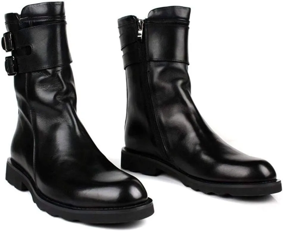 Rui Landed Premium Genuine Leather Combat Boot for Men Mid-Calf Boot Pull On Style Easy Care Buckles Strap Zipper Waterproof Block Heel Round Toe (Color : Black, Size : 8 M US)