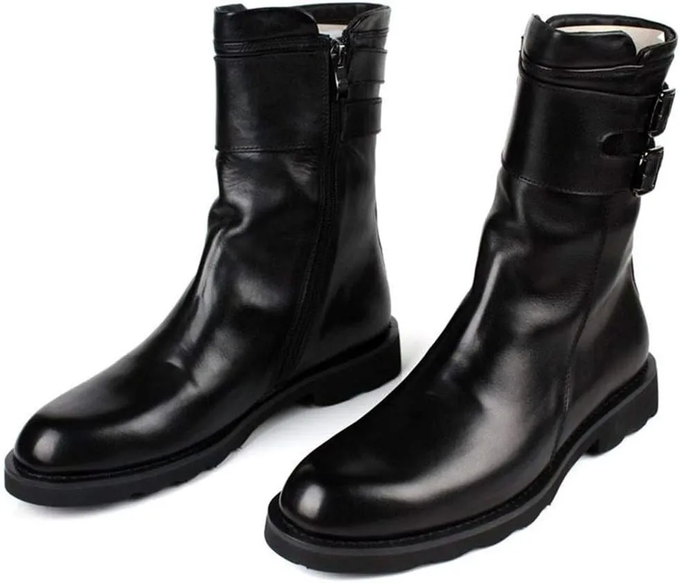 Rui Landed Premium Genuine Leather Combat Boot for Men Mid-Calf Boot Pull On Style Easy Care Buckles Strap Zipper Waterproof Block Heel Round Toe (Color : Black, Size : 8 M US)