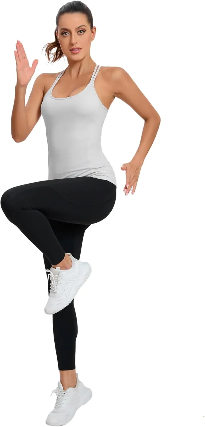 RUNNING GIRL Yoga Tank Tops for Women Built in Shelf Bra B/C Cups Strappy Back Activewear Workout Compression Tops