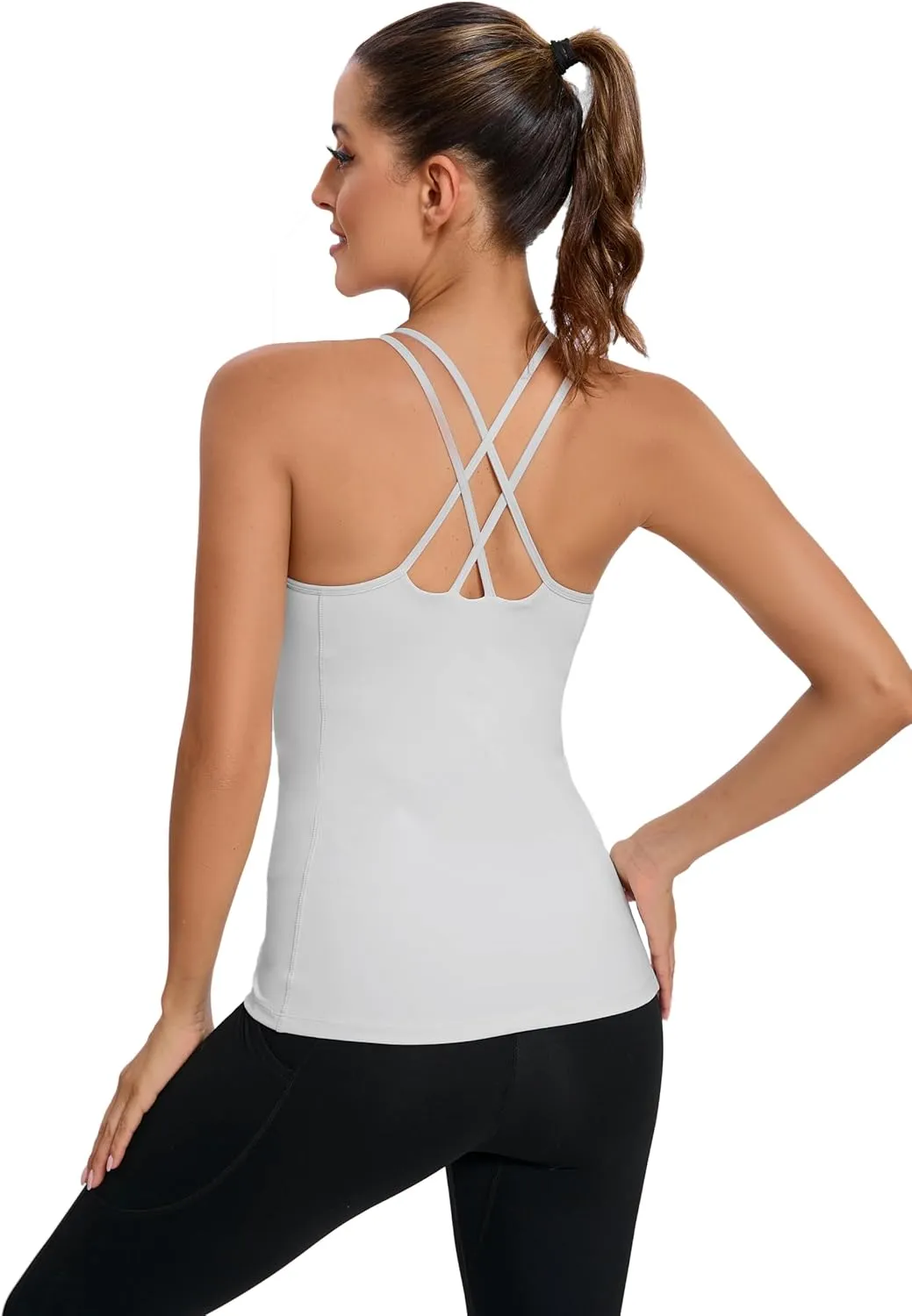 RUNNING GIRL Yoga Tank Tops for Women Built in Shelf Bra B/C Cups Strappy Back Activewear Workout Compression Tops