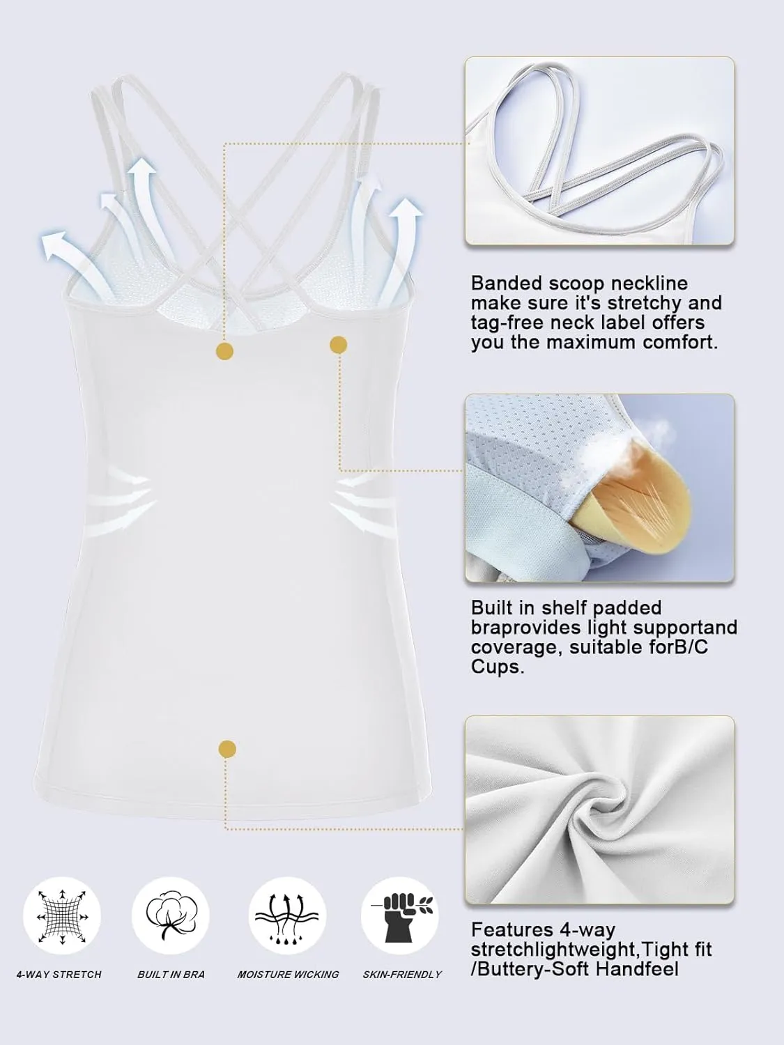 RUNNING GIRL Yoga Tank Tops for Women Built in Shelf Bra B/C Cups Strappy Back Activewear Workout Compression Tops