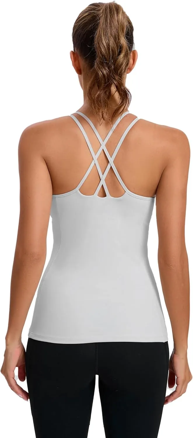 RUNNING GIRL Yoga Tank Tops for Women Built in Shelf Bra B/C Cups Strappy Back Activewear Workout Compression Tops