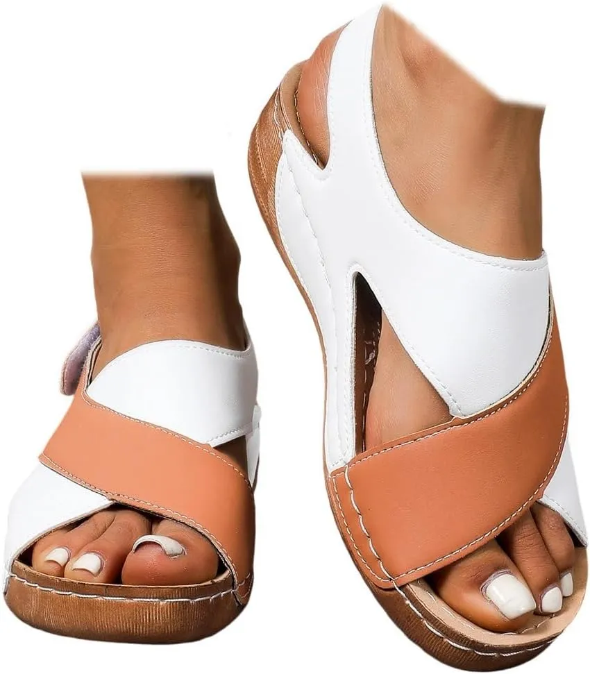SACFOF Womens Orthopedic Sandals Summer Color Block Arch Support Shoes Casual Ankle Strap Slingback Comfortable Dress Shoes