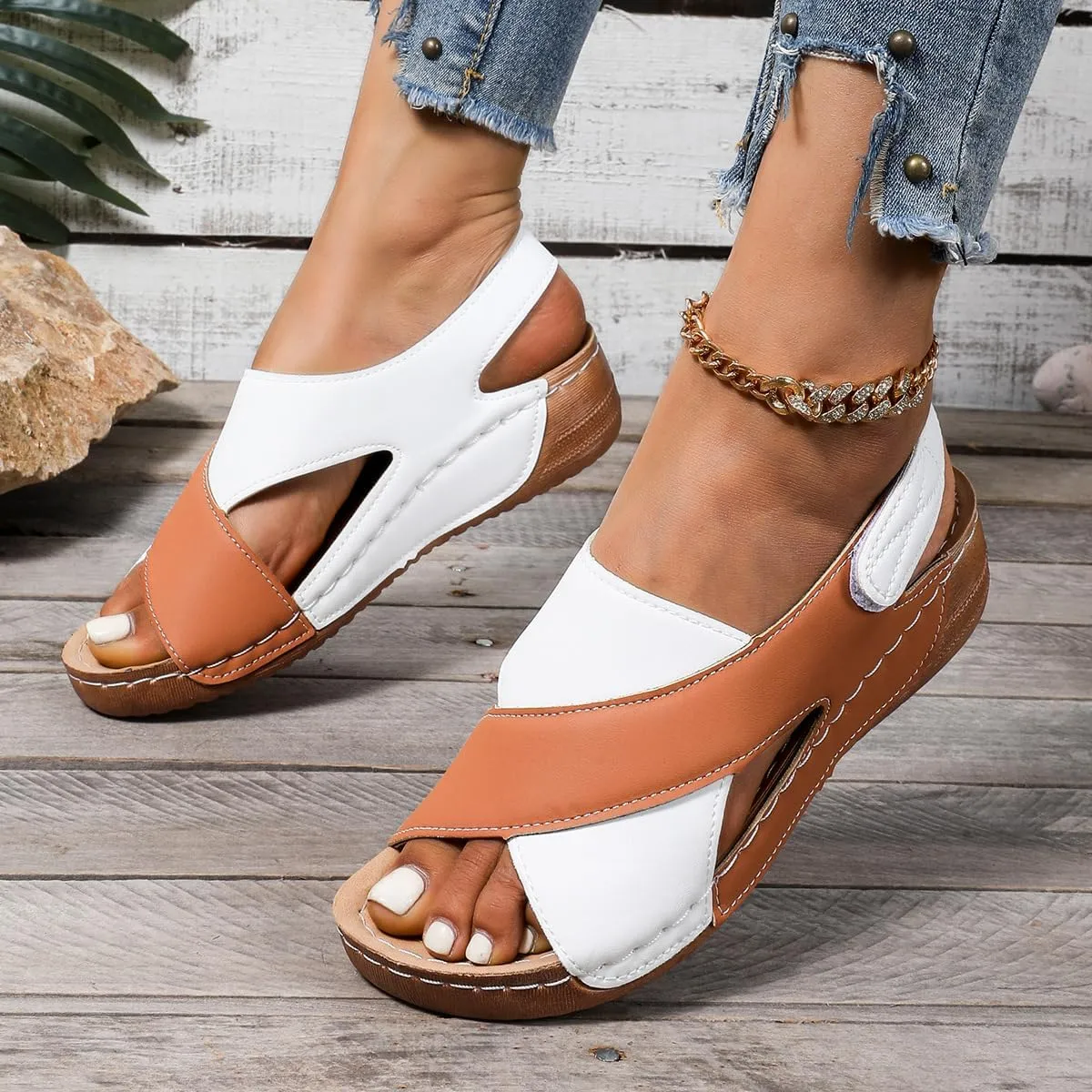 SACFOF Womens Orthopedic Sandals Summer Color Block Arch Support Shoes Casual Ankle Strap Slingback Comfortable Dress Shoes