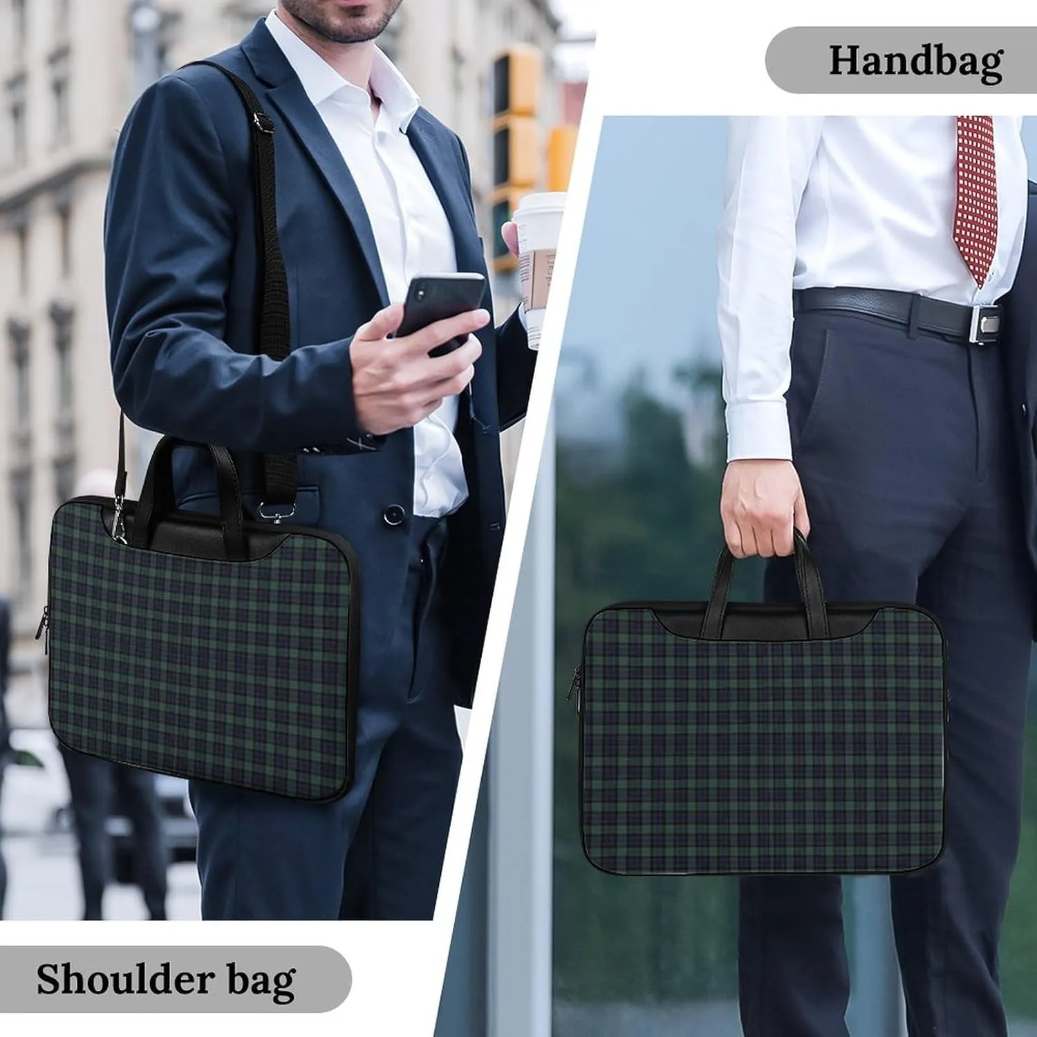 Scottish Blue-Green Plaid Leather Bag Laptop Case Slim Water Resistant Computer Bags with Handle Briefcase for Work