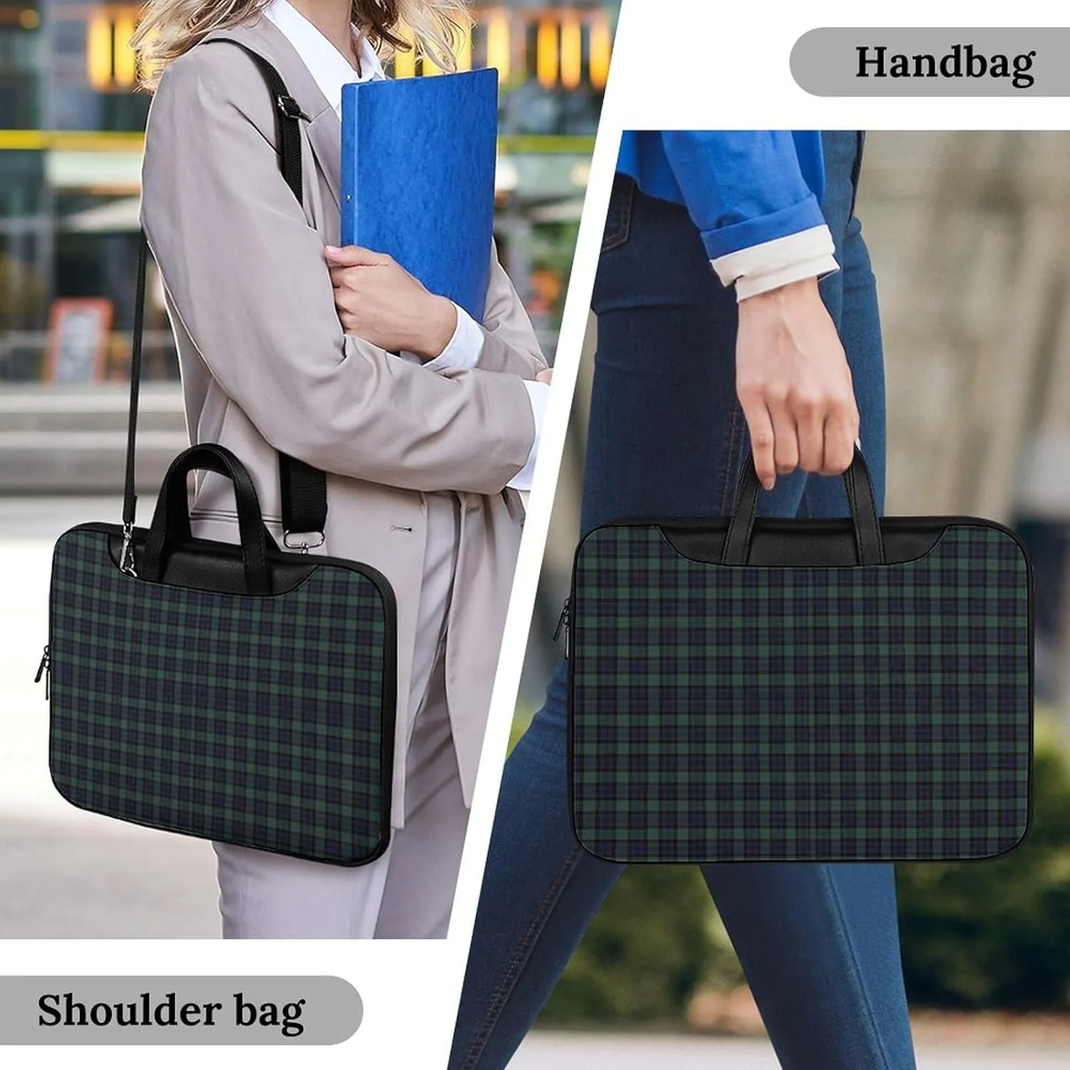 Scottish Blue-Green Plaid Leather Bag Laptop Case Slim Water Resistant Computer Bags with Handle Briefcase for Work