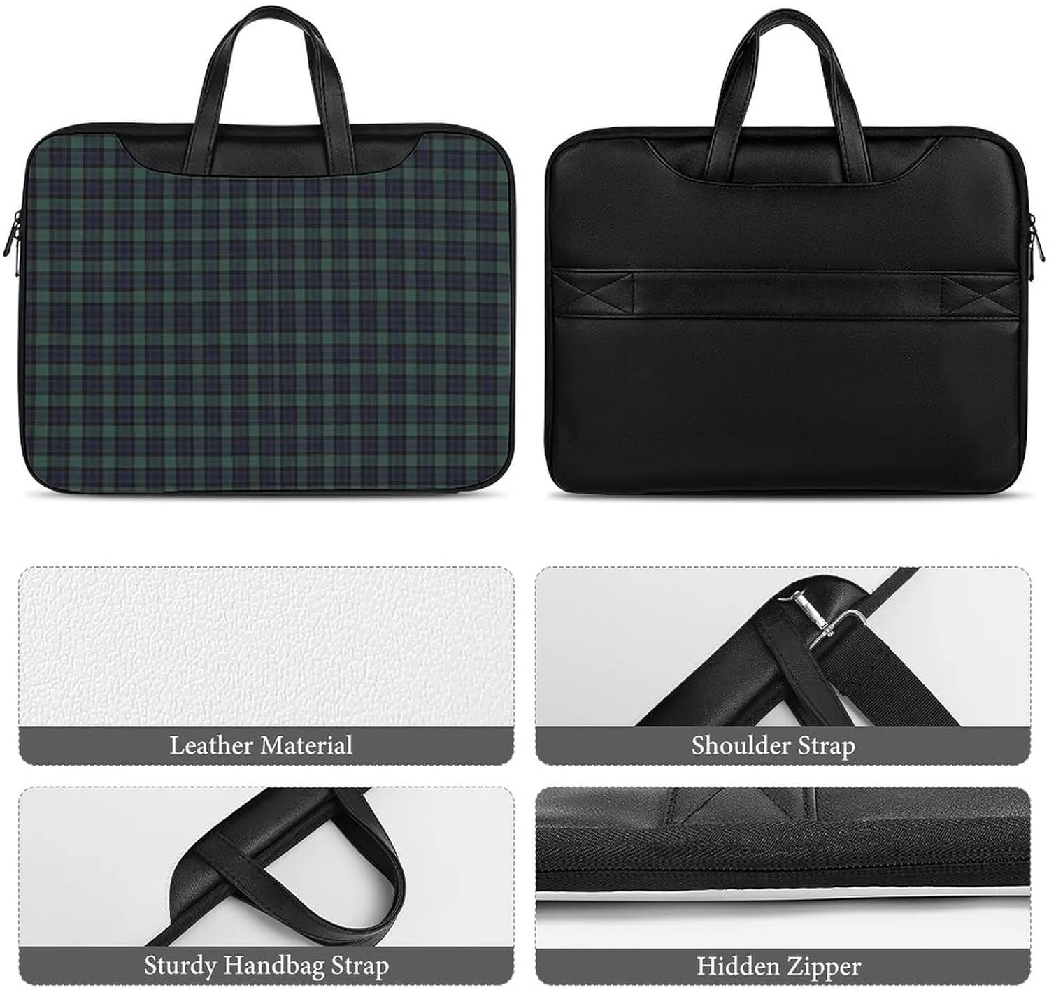 Scottish Blue-Green Plaid Leather Bag Laptop Case Slim Water Resistant Computer Bags with Handle Briefcase for Work