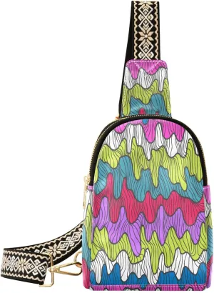 Seamless Patterns Waves Fanny Pack Crossbody PC Leather Small Sling Bag for Women Colorful Fashion Waist Packs Chest Bag for Travel Sports Running Hiking