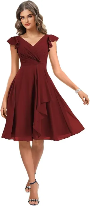 Short Bridesmaid Dresses for Women V Neck Formal Dress with Sleeves Chiffon Ruffles Evening Gown