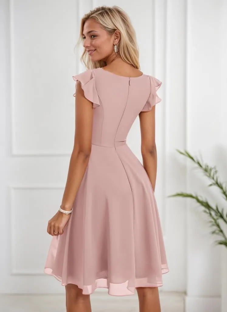 Short Bridesmaid Dresses for Women V Neck Formal Dress with Sleeves Chiffon Ruffles Evening Gown