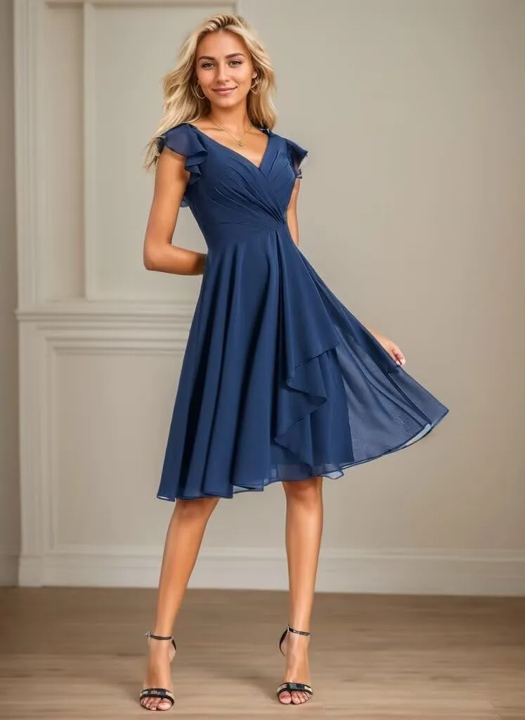 Short Bridesmaid Dresses for Women V Neck Formal Dress with Sleeves Chiffon Ruffles Evening Gown