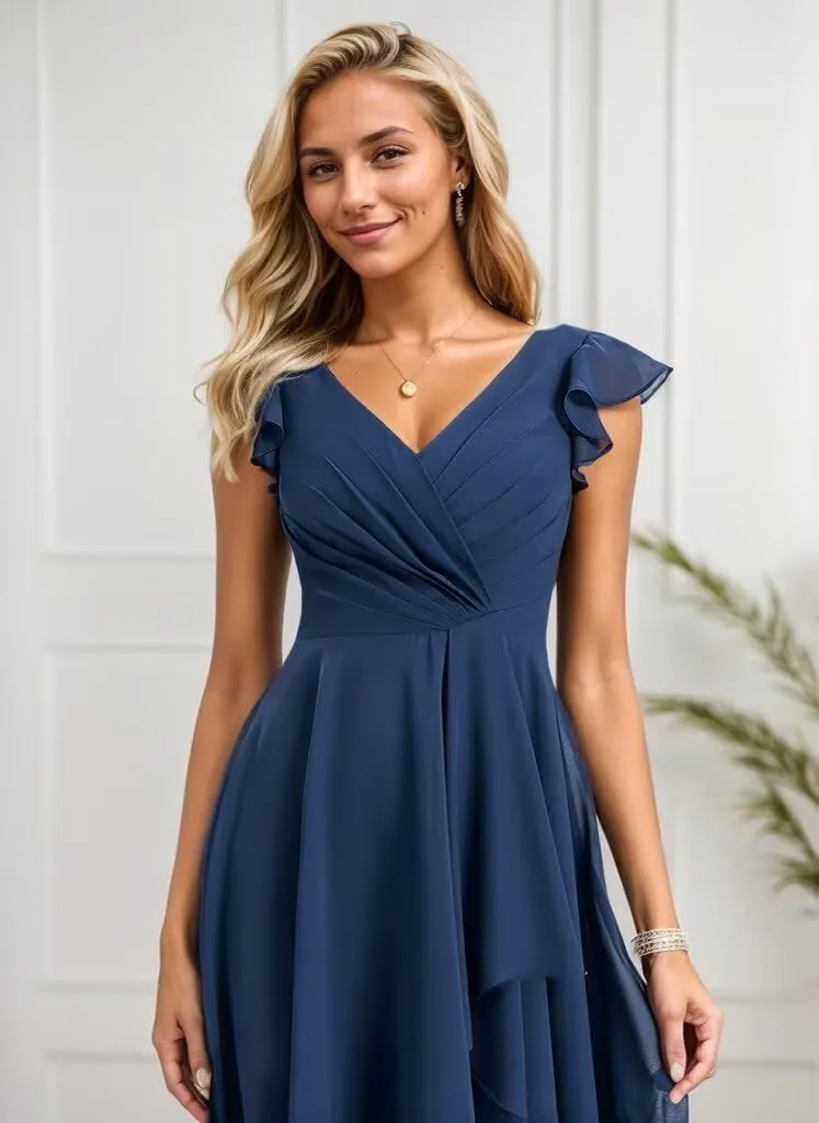 Short Bridesmaid Dresses for Women V Neck Formal Dress with Sleeves Chiffon Ruffles Evening Gown