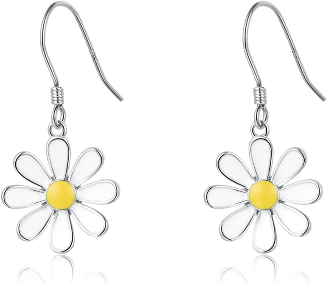 SLUYNZ 925 Sterling Silver White Flower Dangle Earrings for Women Teen Girls Daisy Flower Drop Earrings Summer Spring