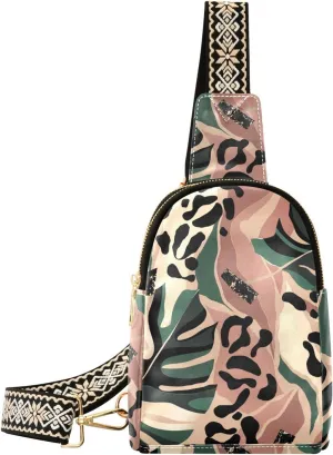 Small Crossbody Sling Bags for Women Leopard Print Palm Leaves Leather Crossbody Fanny Packs Purses Exotic Animal Chest Bag Daypack Crossbody Backpack for Travel Sports Running Hiking