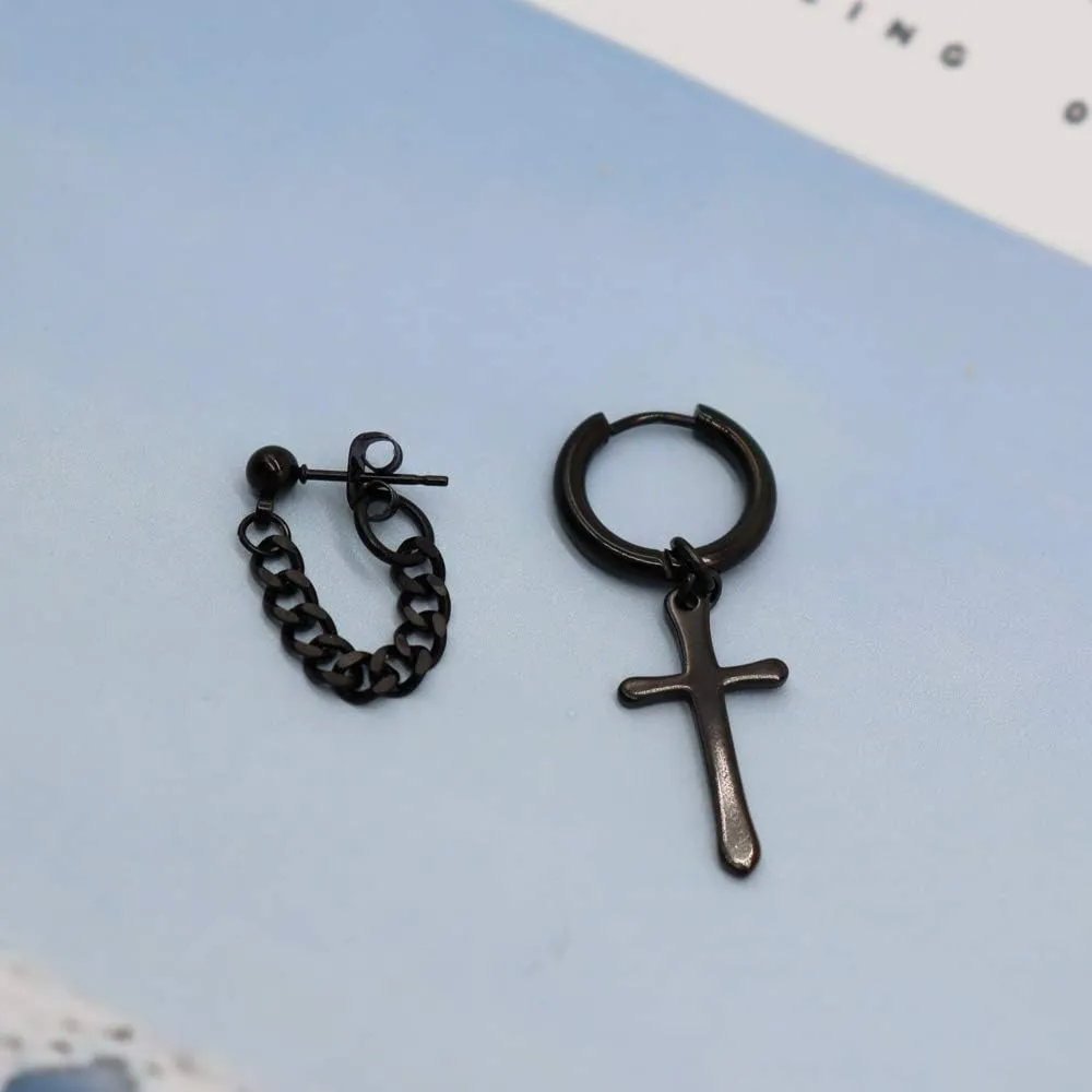 Small Hoop Earrings for Men Women With Cross Feather Spikes Ball Chain Dangle Charms Black Silver 316L Stainless Steel Punk Hip Hop Rock Gothic Kpop Huggies Earrings Set