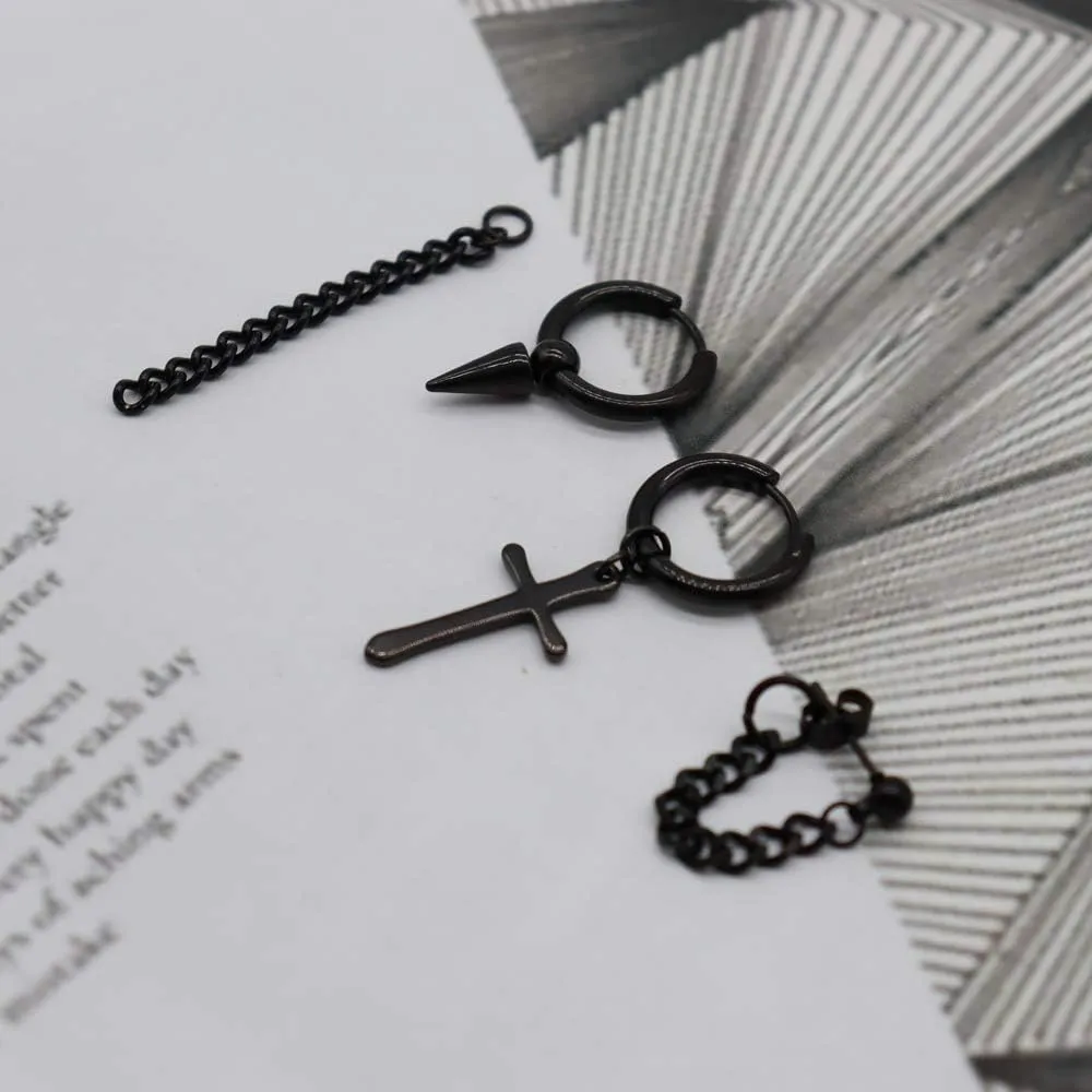 Small Hoop Earrings for Men Women With Cross Feather Spikes Ball Chain Dangle Charms Black Silver 316L Stainless Steel Punk Hip Hop Rock Gothic Kpop Huggies Earrings Set