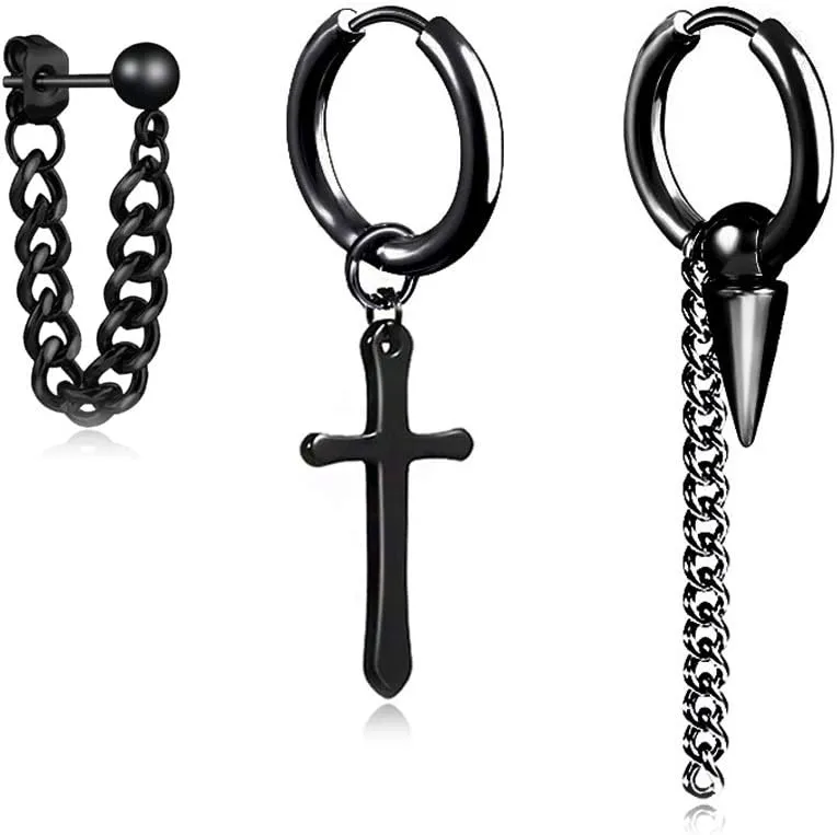 Small Hoop Earrings for Men Women With Cross Feather Spikes Ball Chain Dangle Charms Black Silver 316L Stainless Steel Punk Hip Hop Rock Gothic Kpop Huggies Earrings Set