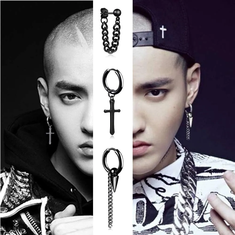 Small Hoop Earrings for Men Women With Cross Feather Spikes Ball Chain Dangle Charms Black Silver 316L Stainless Steel Punk Hip Hop Rock Gothic Kpop Huggies Earrings Set