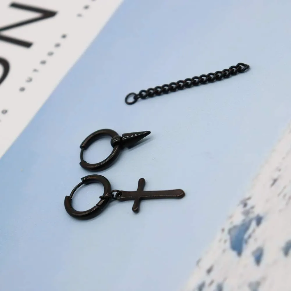Small Hoop Earrings for Men Women With Cross Feather Spikes Ball Chain Dangle Charms Black Silver 316L Stainless Steel Punk Hip Hop Rock Gothic Kpop Huggies Earrings Set