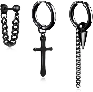 Small Hoop Earrings for Men Women With Cross Feather Spikes Ball Chain Dangle Charms Black Silver 316L Stainless Steel Punk Hip Hop Rock Gothic Kpop Huggies Earrings Set