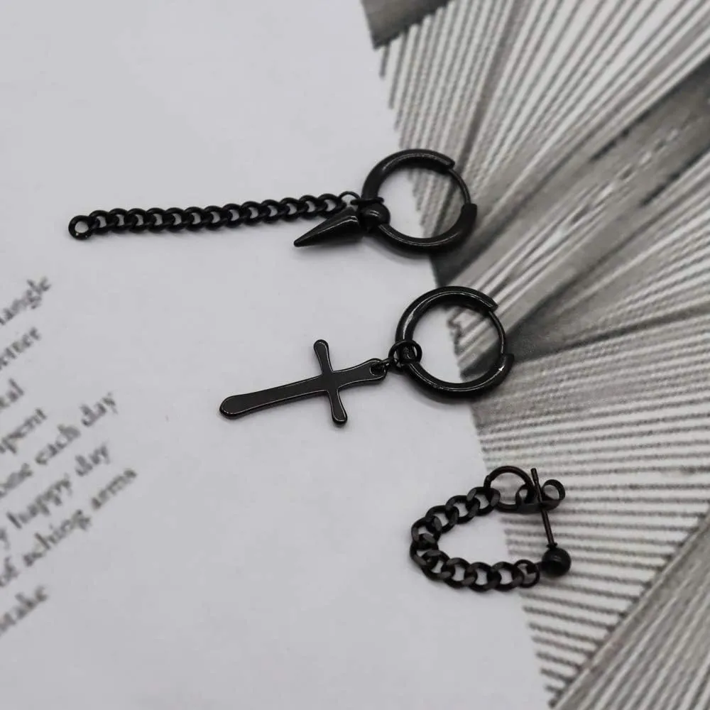 Small Hoop Earrings for Men Women With Cross Feather Spikes Ball Chain Dangle Charms Black Silver 316L Stainless Steel Punk Hip Hop Rock Gothic Kpop Huggies Earrings Set