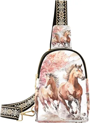 Small Sling Bag Fanny Packs Crossbody Bags for Women 2 Horses Running Enchanting Leather Fashion Chest Bag Belt Bag for Women for Travel Sports Running Hiking