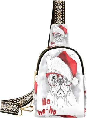 Small Sling Bag Fanny Packs Crossbody Bags for Women Dog Portrait in Santa's Hat Leather Fashion Chest Bag Belt Bag for Women for Travel Sports Running Hiking