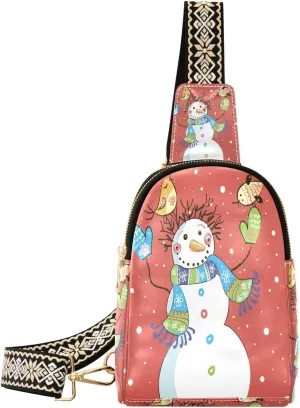 Small Sling Bag Fanny Packs Crossbody Bags for Women Funny Snowman Leather Fashion Chest Bag Belt Bag for Women for Travel Sports Running Hiking