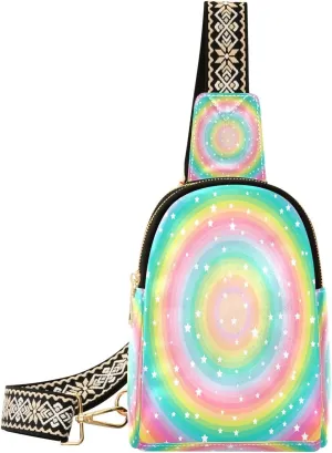 Small Sling Bag Fanny Packs Crossbody Bags for Women Rainbow Color Circle Stars Leather Fashion Chest Bag Belt Bag for Women for Travel Sports Running Hiking