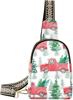Small Sling Bag Fanny Packs Crossbody Bags for Women Red Truck and Pine Trees Leather Fashion Chest Bag Belt Bag for Women for Travel Sports Running Hiking