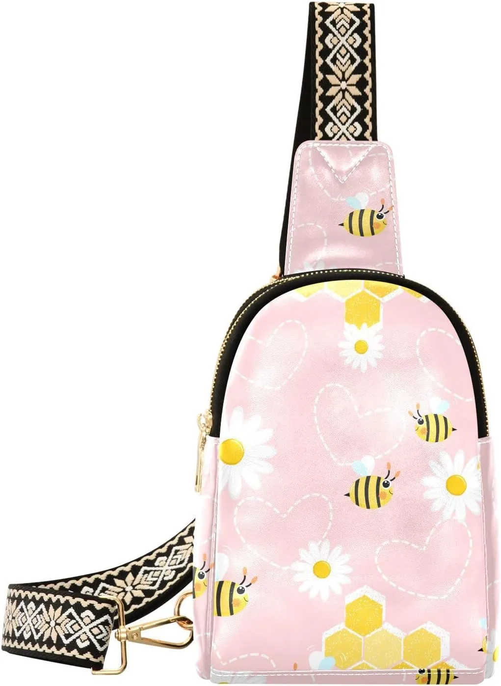 Small Sling Bag for Women Bee Daisy Flower PC Leather Fanny Pack Crossbody Summer Floral Fashion Waist Packs Chest Bag for Travel Sports Running Hiking
