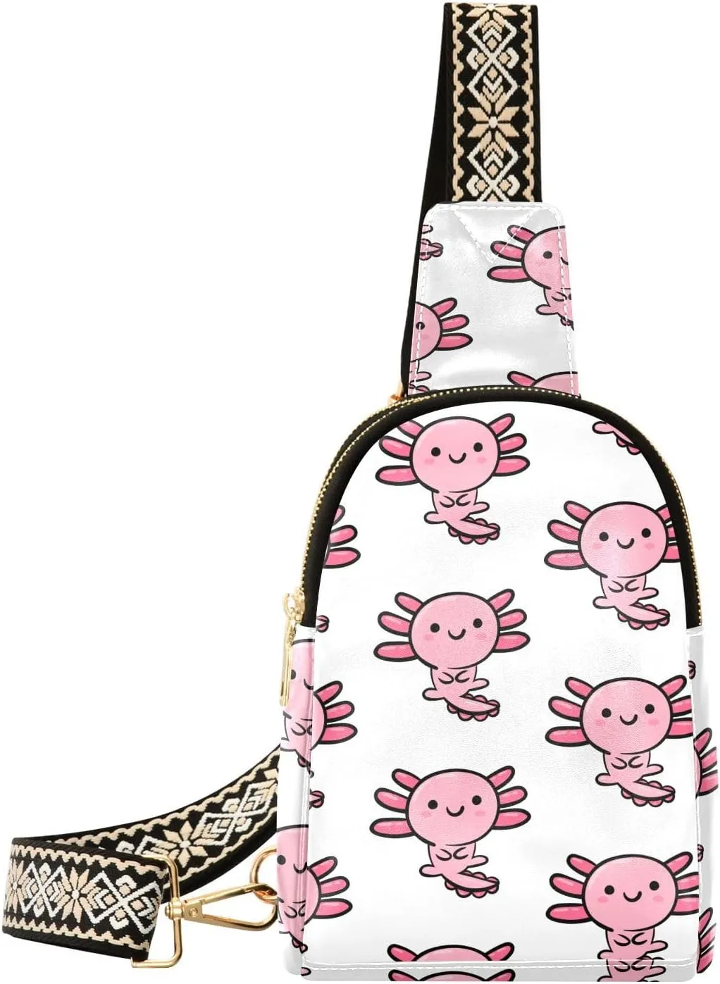 Small Sling Bag for Women Cute Axolotl PC Leather Fanny Pack Crossbody Pink Animal Pattern Fashion Waist Packs Chest Bag for Travel Sports Running Hiking
